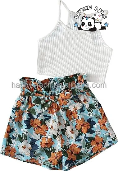 LEZONKIDS - Conjunto de Roupas para Meninas com Top Cropped sem Mangas e Shorts com Cinto Floral Personalizável em 2 Peças